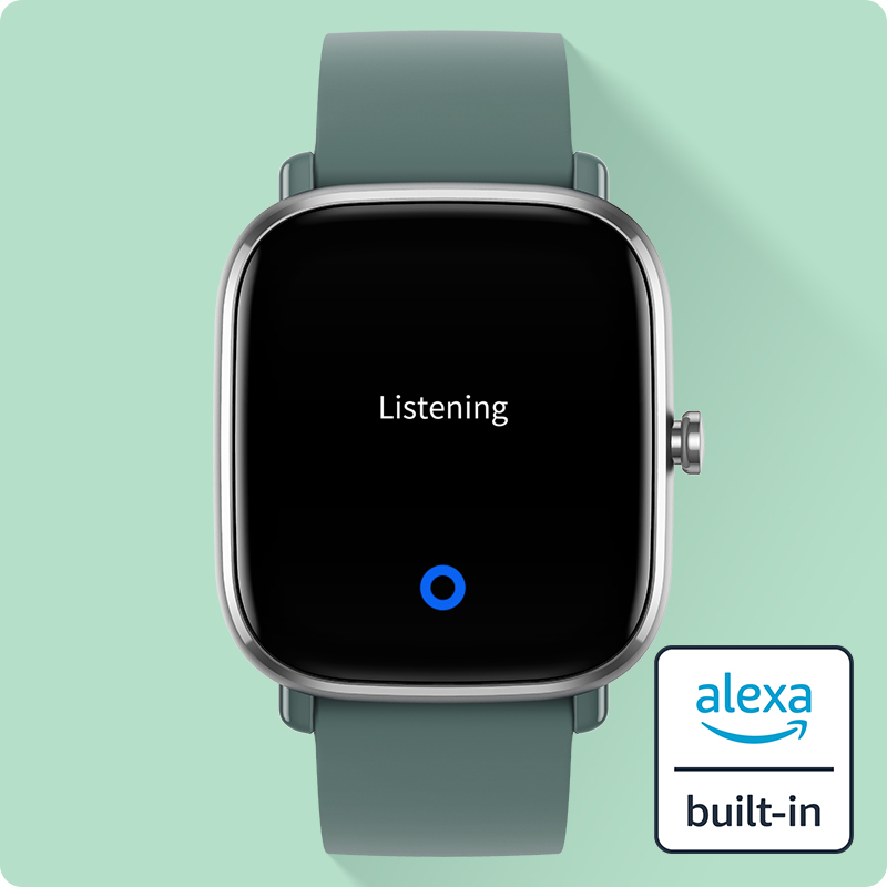 imagem o smartwache amazfit escrito listening na tela, conectando com a alexia